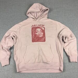 Janet Jackson Hoodie Sweatshirt Mens Medium Pink Graphic Fleece Pullover Music